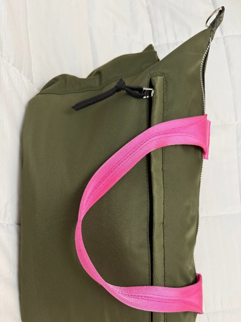 shortyLOVE Olive Green Nylon Tillie Tote Bag with Pink Straps